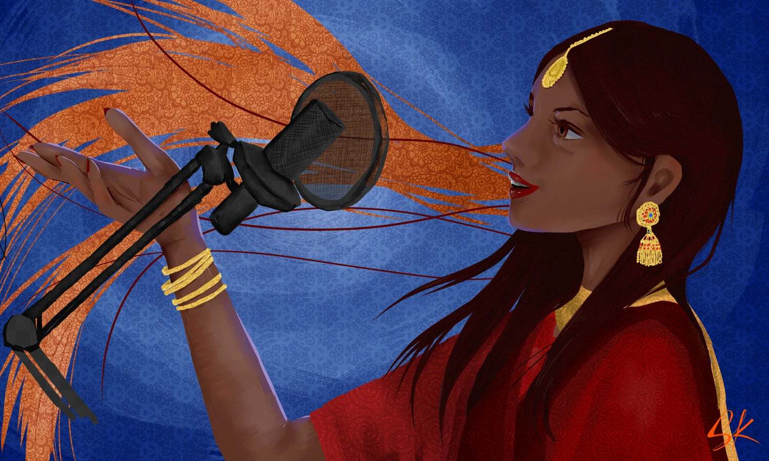 Illustration of a woman in a red sari singing into a studio microphone